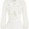 Women's Long Sleeve Peplum Dressy Shirt Office Bow Tie Work Blouses Tops Smocked Waist