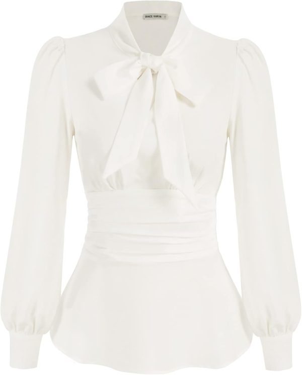 Women's Long Sleeve Peplum Dressy Shirt Office Bow Tie Work Blouses Tops Smocked Waist
