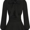 Women's Long Sleeve Peplum Dressy Shirt Office Bow Tie Work Blouses Tops Smocked Waist