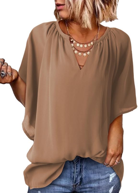 Womens Casual V Neck Loose 3/4 Bell Sleeve Chiffon Blouse Shirt Pleated Flowy Tunic Tops