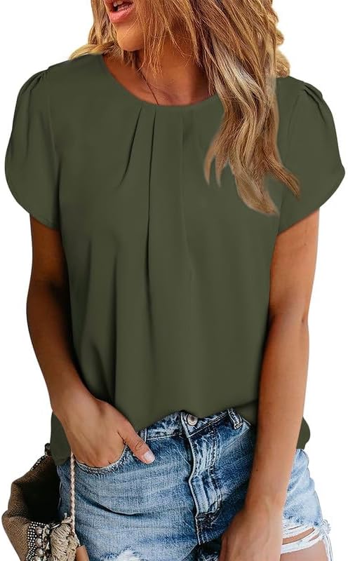 Women's Casual Round Neck Basic Pleated Tops Short Sleeve Loose Fit Curved Keyhole Back Chiffon Blouses Tshirts