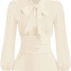 Women's Long Sleeve Peplum Dressy Shirt Office Bow Tie Work Blouses Tops Smocked Waist