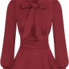 Women's Long Sleeve Peplum Dressy Shirt Office Bow Tie Work Blouses Tops Smocked Waist