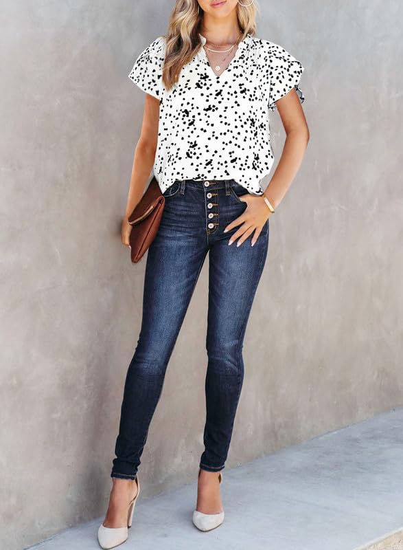 51c3pO4sJ6L._AC.jpg Women's Casual V Neck Alicia Floral Print Smocked Short Sleeve Chiffon Blouses Bohemian Top Shirts