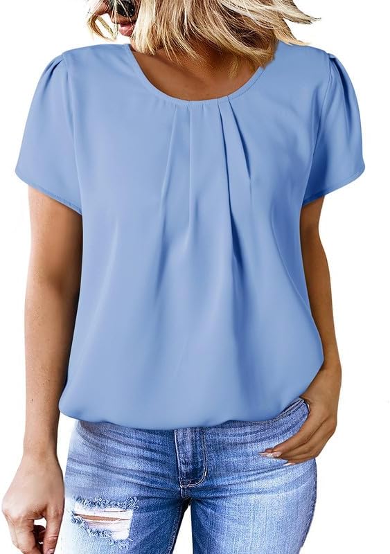 Women's Casual Round Neck Basic Pleated Tops Short Sleeve Loose Fit Curved Keyhole Back Chiffon Blouses Tshirts