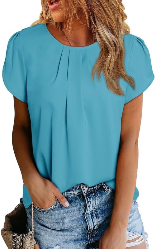 Women's Casual Round Neck Basic Pleated Tops Short Sleeve Loose Fit Curved Keyhole Back Chiffon Blouses Tshirts