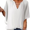 Womens Casual V Neck Loose 3/4 Bell Sleeve Chiffon Blouse Shirt Pleated Flowy Tunic Tops