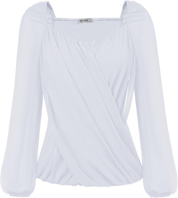 Women's Lantern Long Sleeve Tops 2024 Casual Loose Chiffon Shirts Criss Cross Ruffle Pleated Blouses