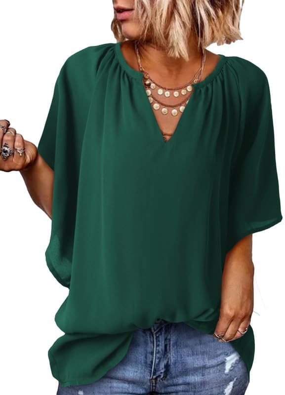 Womens Casual V Neck Loose 3/4 Bell Sleeve Chiffon Blouse Shirt Pleated Flowy Tunic Tops
