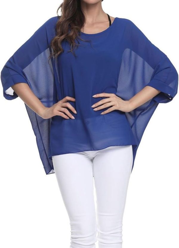 Women Chiffon Blouse Floral Batwing Sleeve Beach Cover Loose Tunic Shirt Tops
