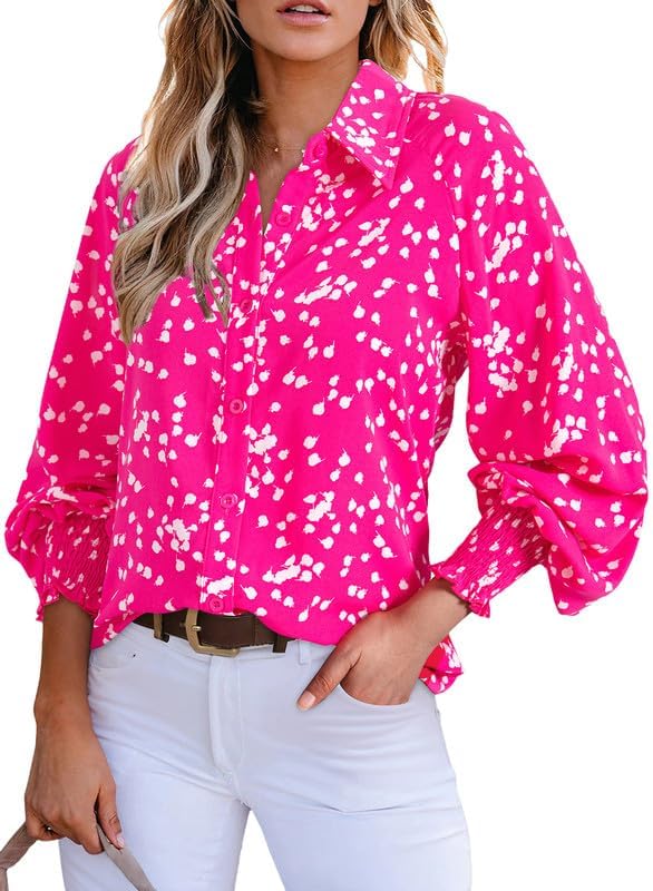 Women's Casual V Neck Allover Floral Print Long Sleeve Chiffon Button Down Blouses Bohemian Top Shirts