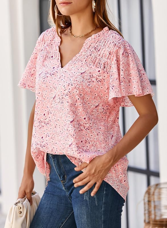 Women's Casual V Neck Floral Print Smocked Short Sleeve Chiffon Blouses Bohemian Top Shirts
