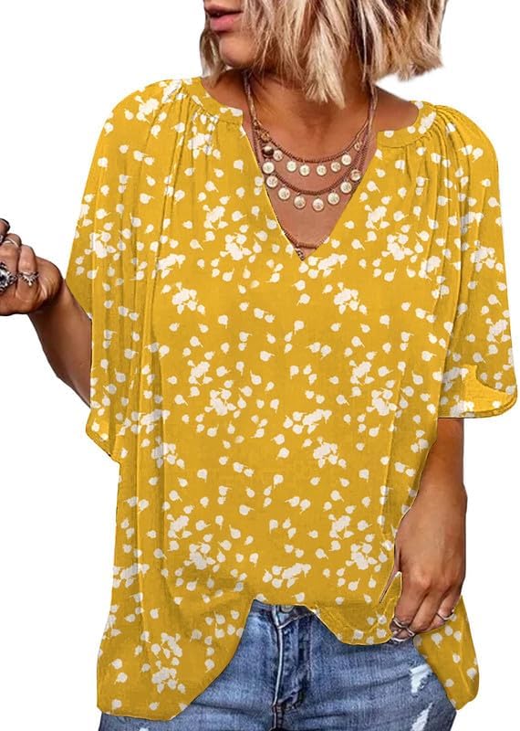 Womens Casual V Neck Loose 3/4 Bell Sleeve Chiffon Blouse Shirt Pleated Flowy Tunic Tops