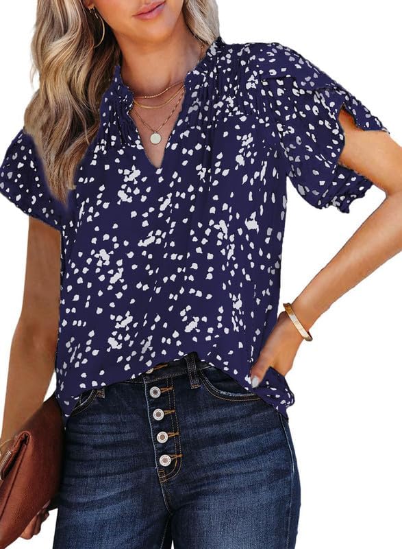 616Bbo_uOIL._AC.jpg Women's Casual V Neck Alicia Floral Print Smocked Short Sleeve Chiffon Blouses Bohemian Top Shirts