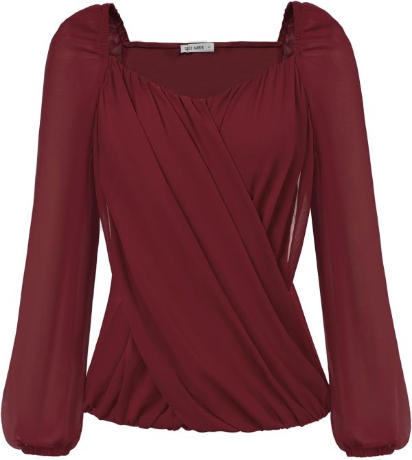 Women's Lantern Long Sleeve Tops 2024 Casual Loose Chiffon Shirts Criss Cross Ruffle Pleated Blouses