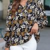 Women's Casual V Neck Easel Floral Print Long Sleeve Blouses Smocked Button Down Shirts Bohemian Top