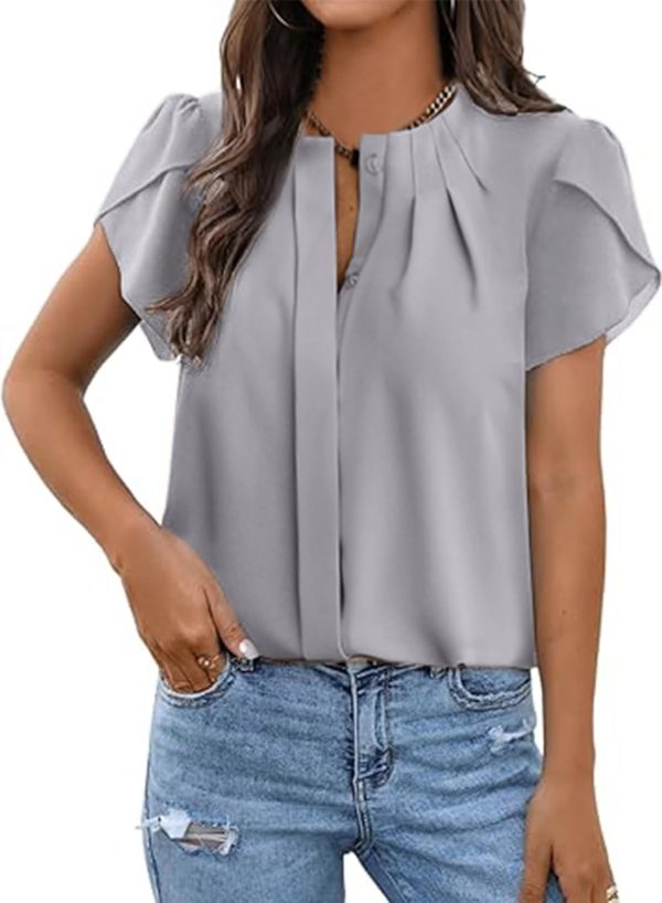 Womens Summer Tops Button Down Crew Neck Short Sleeve Shirts Business Casual Loose Work Chiffon Blouses
