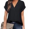 Women's Bat Wing V Neck Short Sleeve Chiffon Blouses for Office Work Business Attire Collared Casual Summer Shirts
