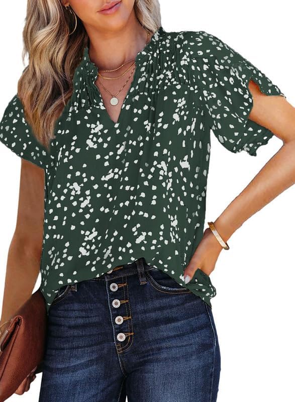 61EuommvNCL._AC.jpg Women's Casual V Neck Alicia Floral Print Smocked Short Sleeve Chiffon Blouses Bohemian Top Shirts