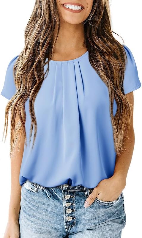 Women's Casual Round Neck Basic Pleated Tops Short Sleeve Loose Fit Curved Keyhole Back Chiffon Blouses Tshirts