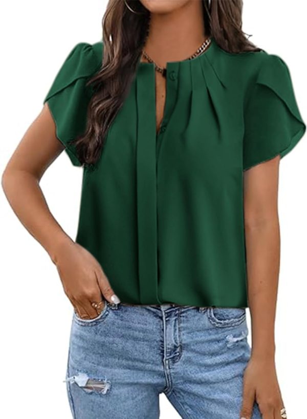 Womens Summer Tops Button Down Crew Neck Short Sleeve Shirts Business Casual Loose Work Chiffon Blouses
