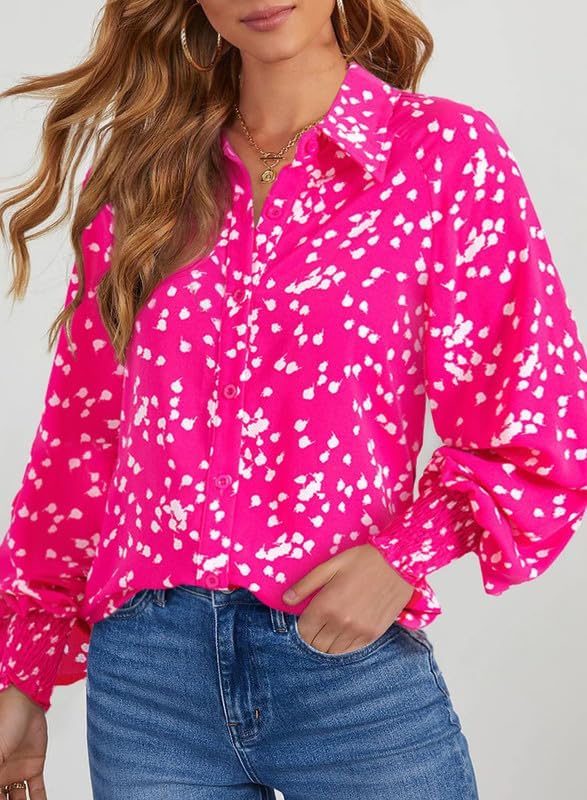 Women's Casual V Neck Allover Floral Print Long Sleeve Chiffon Button Down Blouses Bohemian Top Shirts