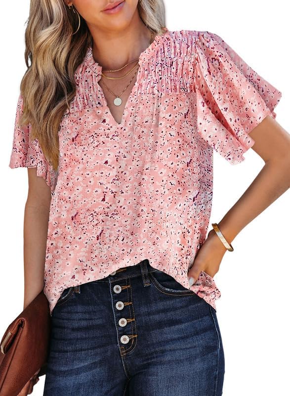 Women's Casual V Neck Floral Print Smocked Short Sleeve Chiffon Blouses Bohemian Top Shirts