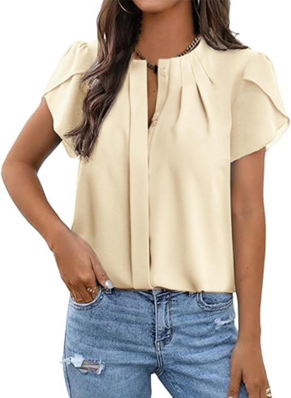 Womens Summer Tops Button Down Crew Neck Short Sleeve Shirts Business Casual Loose Work Chiffon Blouses