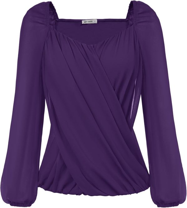 Women's Lantern Long Sleeve Tops 2024 Casual Loose Chiffon Shirts Criss Cross Ruffle Pleated Blouses