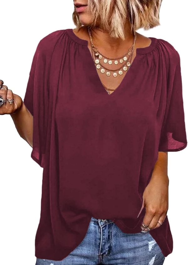 61JhS2TbH8L._AC_SL1500.jpg Womens Chiffon Blouses Casual Solid Bell Sleeve Shirt Loose V Neck Pleated Tunic Tops
