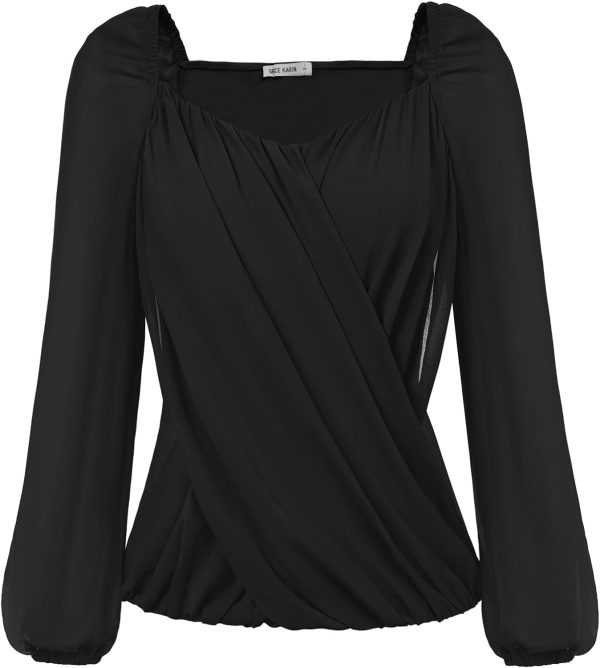 Women's Lantern Long Sleeve Tops 2024 Casual Loose Chiffon Shirts Criss Cross Ruffle Pleated Blouses