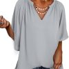 Womens Chiffon Blouses Casual Solid Bell Sleeve Shirt Loose V Neck Pleated Tunic Tops