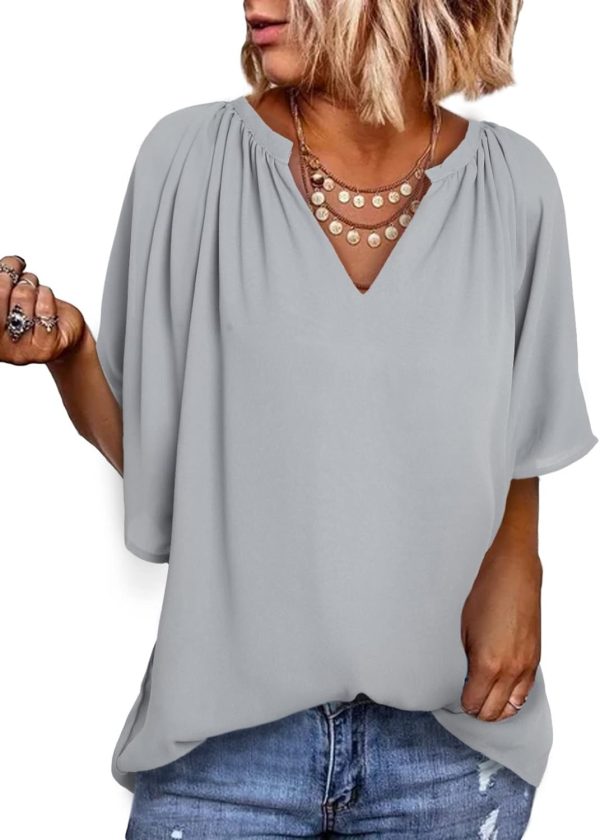 61KuQuB76SL._AC_SL1500.jpg Womens Chiffon Blouses Casual Solid Bell Sleeve Shirt Loose V Neck Pleated Tunic Tops