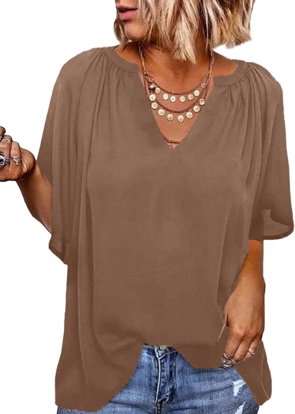 61LGSVZ_NJL._AC_SL1500.jpg Womens Chiffon Blouses Casual Solid Bell Sleeve Shirt Loose V Neck Pleated Tunic Tops