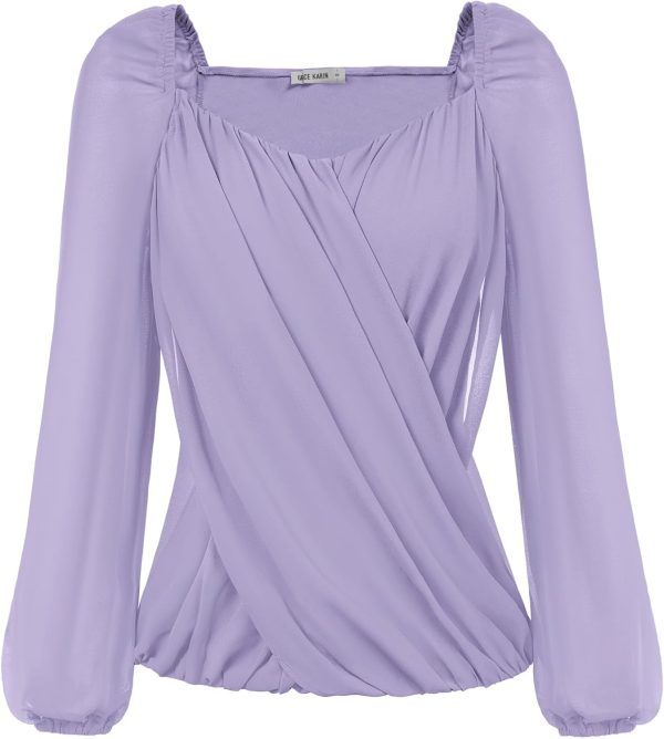 Women's Lantern Long Sleeve Tops 2024 Casual Loose Chiffon Shirts Criss Cross Ruffle Pleated Blouses
