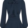 Women's Long Sleeve Peplum Dressy Shirt Office Bow Tie Work Blouses Tops Smocked Waist