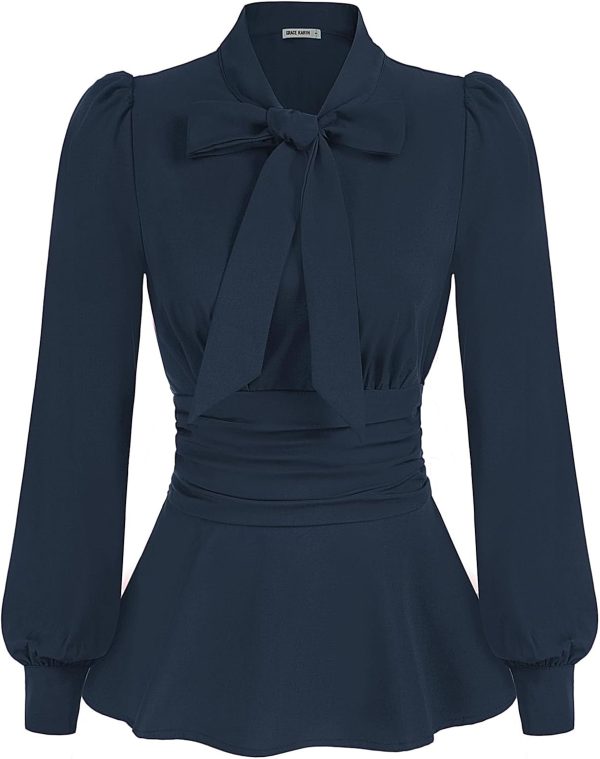Women's Long Sleeve Peplum Dressy Shirt Office Bow Tie Work Blouses Tops Smocked Waist