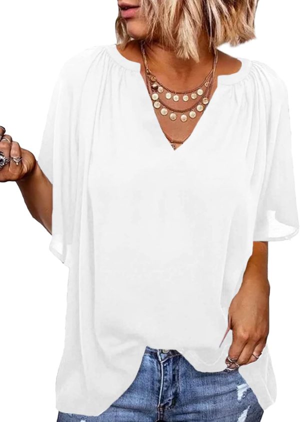 61MAiKns18L._AC_SL1500.jpg Womens Chiffon Blouses Casual Solid Bell Sleeve Shirt Loose V Neck Pleated Tunic Tops