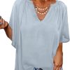 Womens Chiffon Blouses Casual Solid Bell Sleeve Shirt Loose V Neck Pleated Tunic Tops