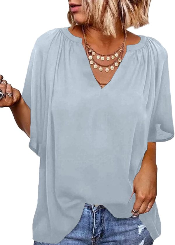 61MqZ01PKfL._AC_SL1500.jpg Womens Chiffon Blouses Casual Solid Bell Sleeve Shirt Loose V Neck Pleated Tunic Tops