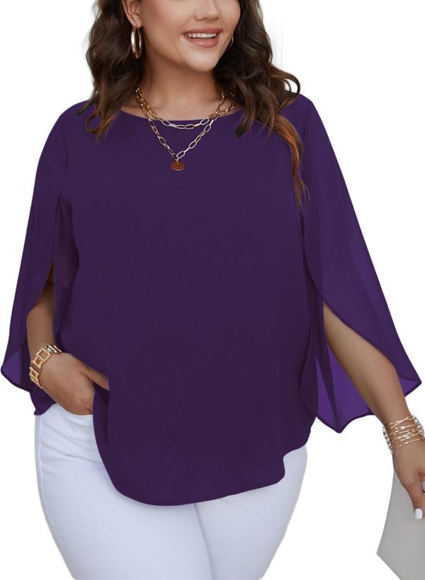 Women Summer Batwing Sleeve Chiffon Tunic Tops Dressy Scoop Neck Casual Loose Flowy Shirts