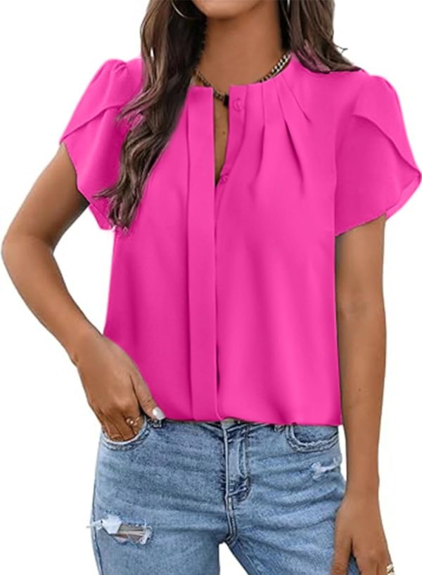 Womens Summer Tops Button Down Crew Neck Short Sleeve Shirts Business Casual Loose Work Chiffon Blouses