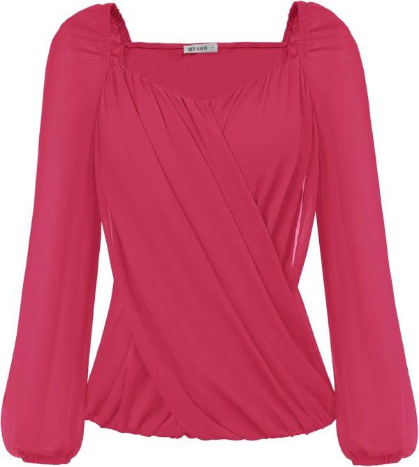 Women's Lantern Long Sleeve Tops 2024 Casual Loose Chiffon Shirts Criss Cross Ruffle Pleated Blouses