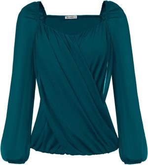 Women's Lantern Long Sleeve Tops 2024 Casual Loose Chiffon Shirts Criss Cross Ruffle Pleated Blouses