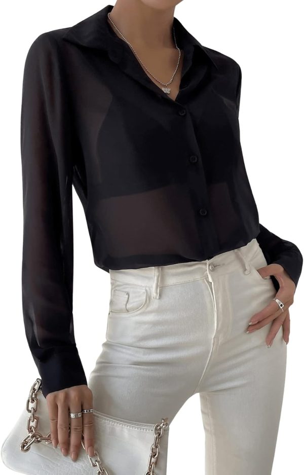 61RStEMlZ5L._AC_SL1500.jpg Women's Sheer Mesh Button Up Shirt Long Sleeve See Through Blouse