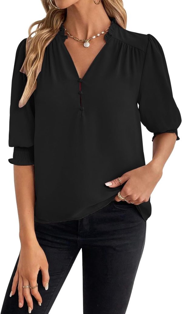 Women's Summer Puff Sleeve Top V Neck Ruffle Button Shirt Pleated Dressy Casual Chiffon Blouses