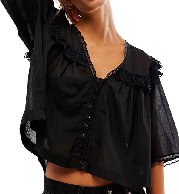 Women's Sexy Low Cut Chiffon Shirt  3/4 Sleeve V Neck Sheer Button Down Blouse Cute Ruffle Lace Trim Top