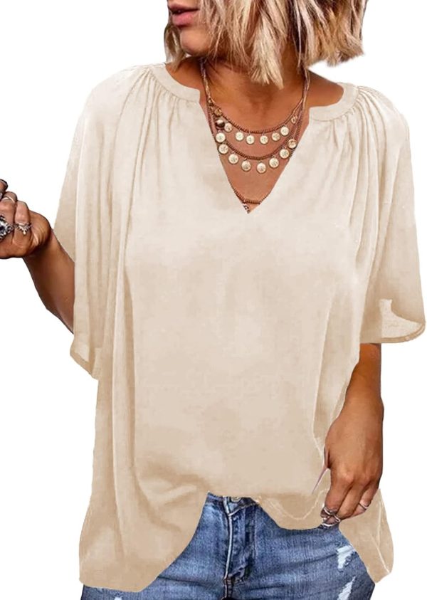 61VQj8INhxL._AC_SL1500.jpg Womens Chiffon Blouses Casual Solid Bell Sleeve Shirt Loose V Neck Pleated Tunic Tops