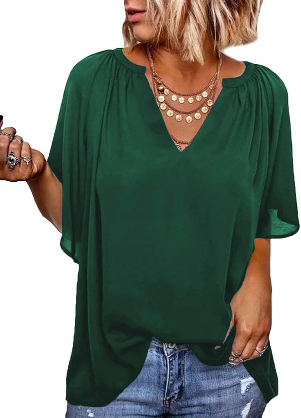 61Vtx5BbGgL._AC_SL1500.jpg Womens Chiffon Blouses Casual Solid Bell Sleeve Shirt Loose V Neck Pleated Tunic Tops
