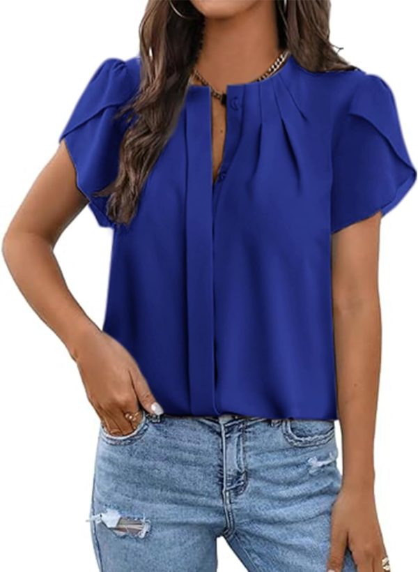 Womens Summer Tops Button Down Crew Neck Short Sleeve Shirts Business Casual Loose Work Chiffon Blouses